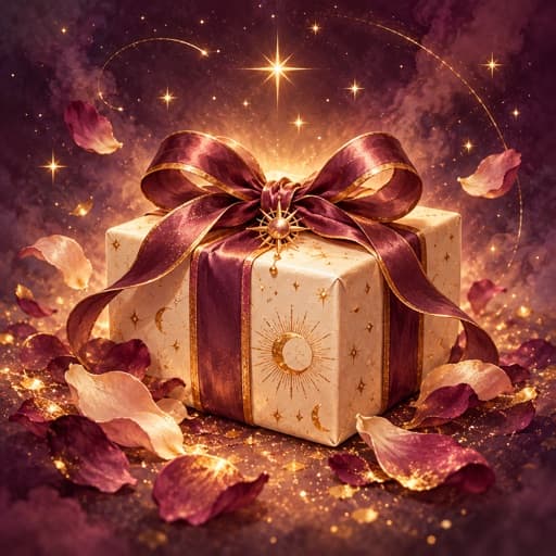 Ribbon-wrapped gift beneath stars