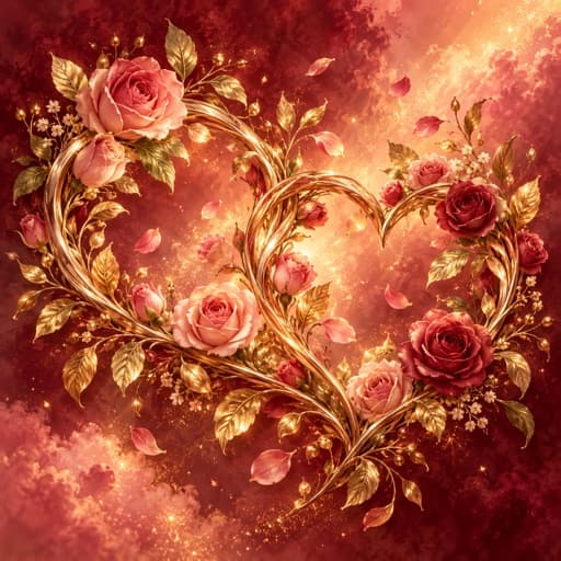 Golden heart surrounded by roses