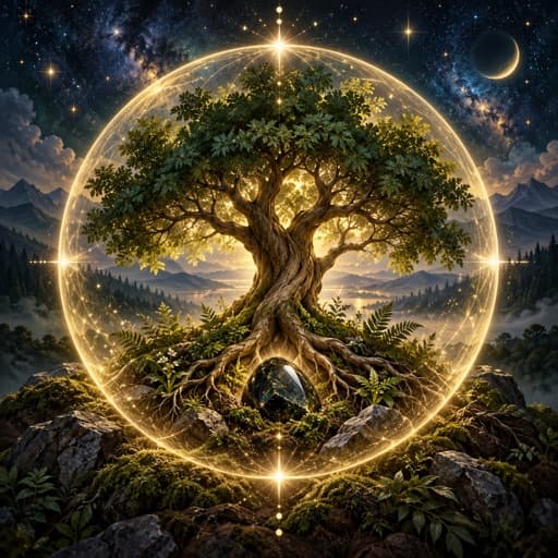 Rooted tree inside a glowing protective circle
