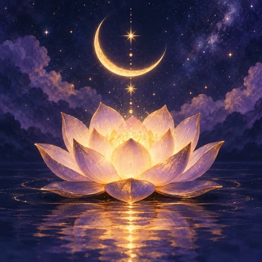 Glowing lotus beneath a crescent moon